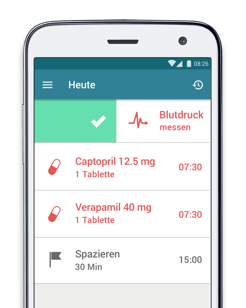 MyTherapy App als Erinnerung an Blutdrucksenker und Blutdruckmessungen.