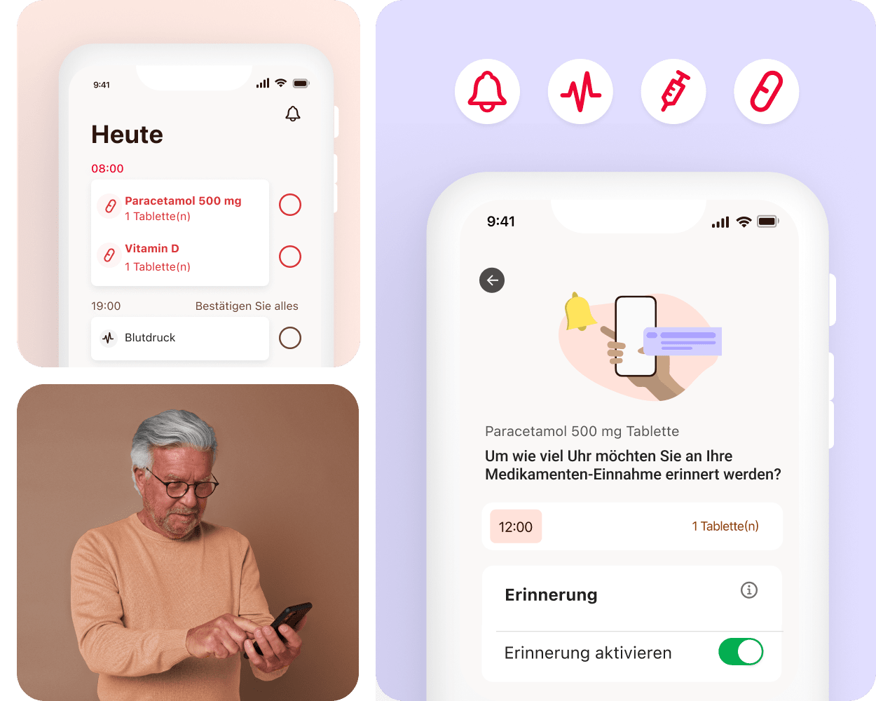 The image consists of three tiles. The tile in the top left shows a screenshot of the MyTherapy app home screen. The tile in the bottom left shows a man with gray hair in a peach sweater using a smartphone. The tile on the right shows a smartphone and a screen from the MyTherapy app. The screen’s heading is: Möchten Sie daran erinnert werden, Ihren Medikamentenbestand aufzufüllen?