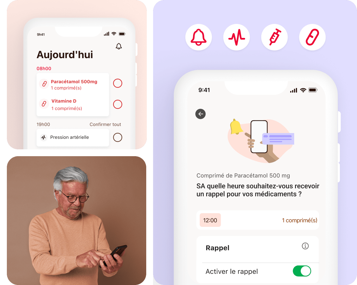 The image consists of three tiles. The tile in the top left shows a screenshot of the MyTherapy app home screen. The tile in the bottom left shows a man with gray hair in a peach sweater using a smartphone. The tile on the right shows a smartphone and a screen from the MyTherapy app. The screen’s heading is: "Möchten Sie daran erinnert werden, Ihren Medikamentenbestand aufzufüllen?"